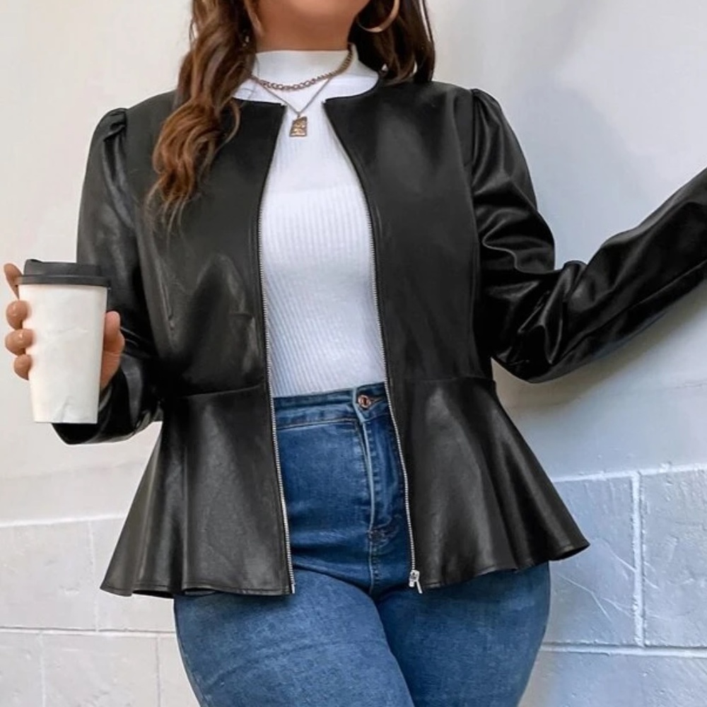 Luxe Vegan Leather Puff Sleeve Zipper Jacket - Picture 6 of 8